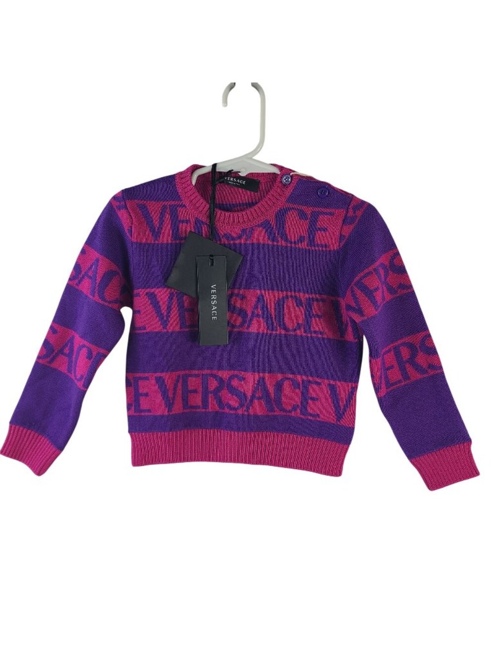 NEW Versace Baby Knit Logo Sweater Purple & Fuchsia Sz 18-24M Made In Italy